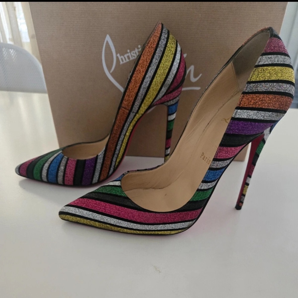 LOUBOUTIN SO KATE 120 SUEDE STRIPE GLITTER PUMPS SIZE 38.5 PRE-OWNED